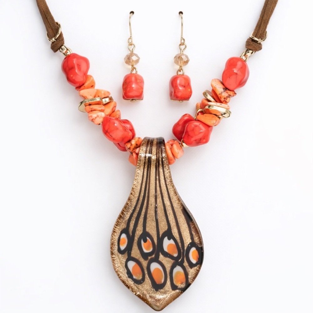 NEW in Box MIXIT Coral Orange Statement Necklace & Earrings Set | Leather Cord